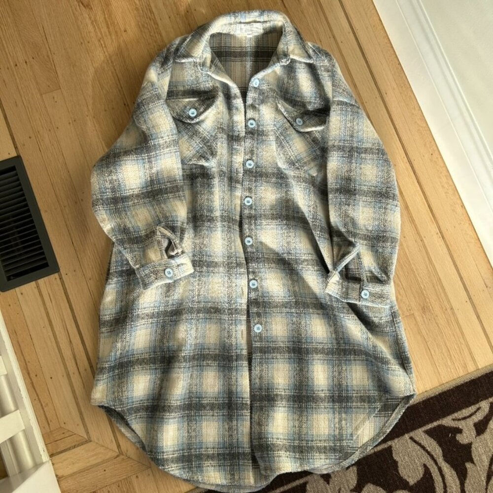 Redsky Lumber shacket dress in blue, white, & grey plaid